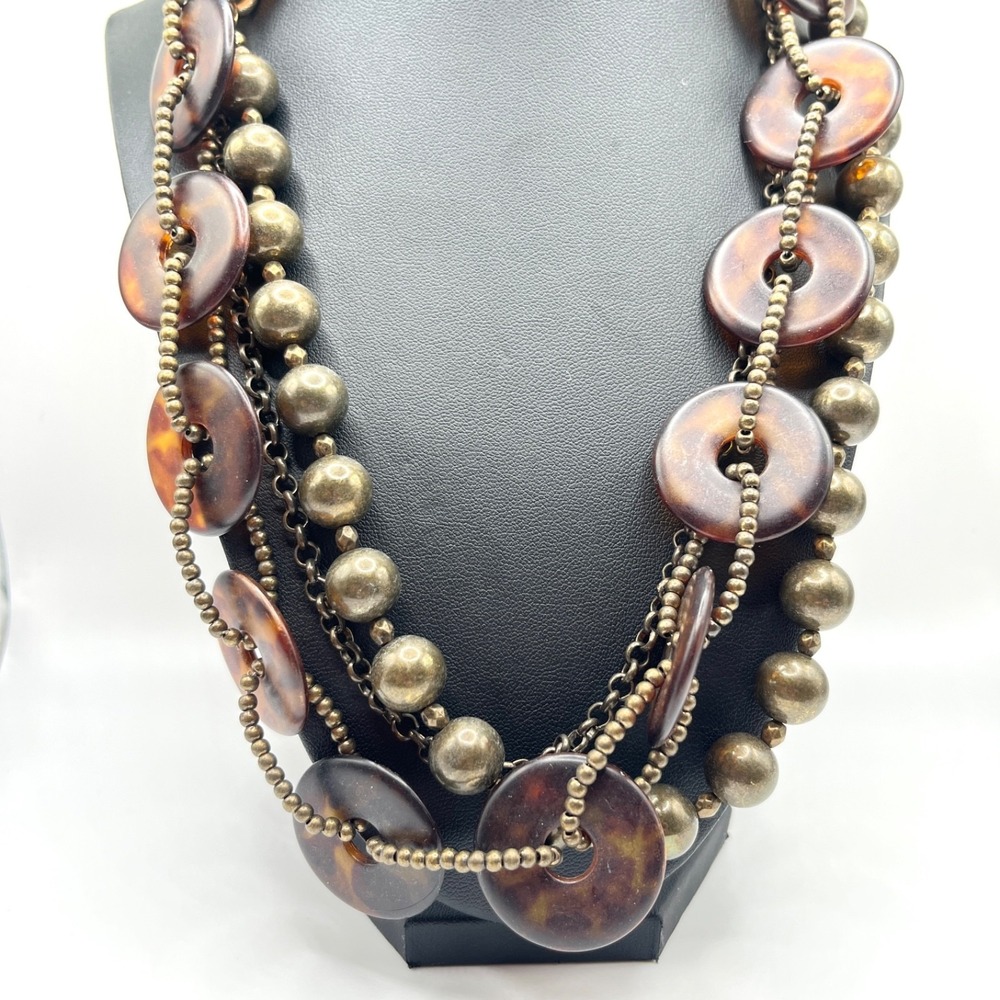 Premier Designs Bronze Tone Faux Tortoise Shell Disc Multi Strand Necklace 16"